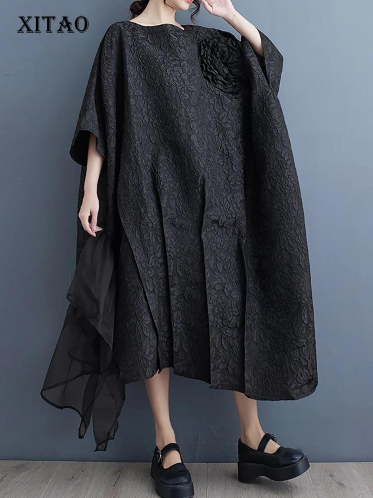 Xitao Gauze Patchwork Batwing Sleeve Dresses Asymmetrical Loose Dress DMJ3845