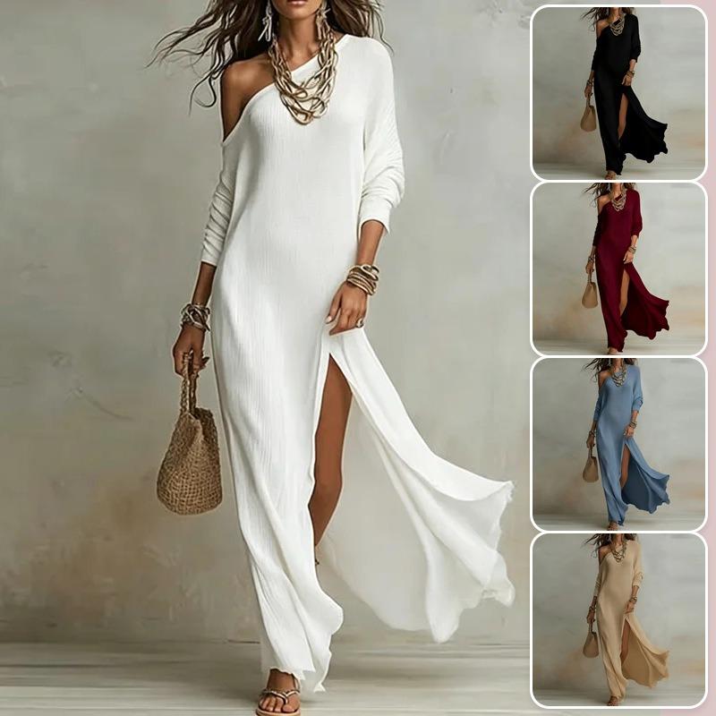 Women S Off Shoulder Slit Solid Fitted Long Dress Street Style