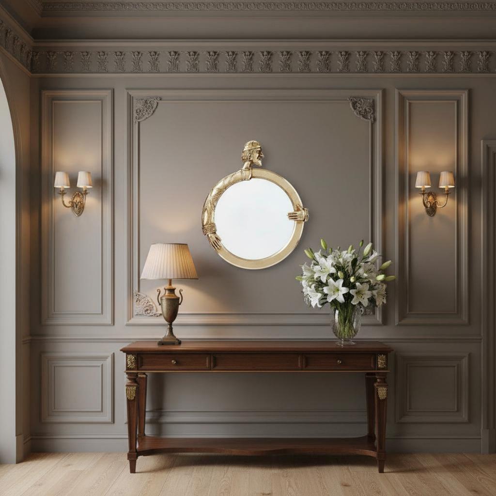 King Figure Wall Mirror Artistic Design Round Classical Resin Mirror House Decoration Vintage Inspired for Entryway