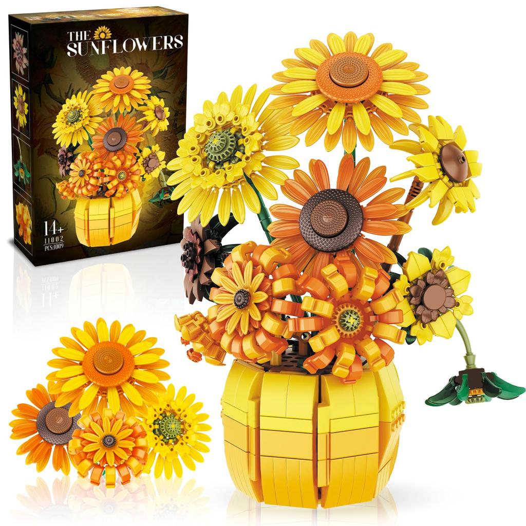 1009PCS Sunflower Building Blocks Flower Bouquet Vase Model Home Decoration Educational DIY Toy Holiday Gift for Kids Adults