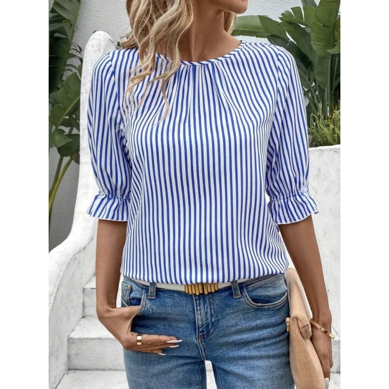New Fashion Summer Women's Clothing, Blue Striped Button-down Shirt