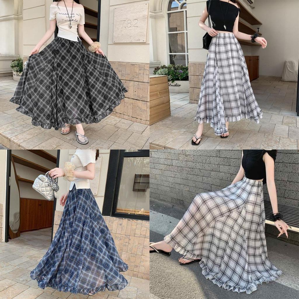 Long Vintage Check Plaid Chiffon Skirt With Asymmetric Hem For Summer Casual Women