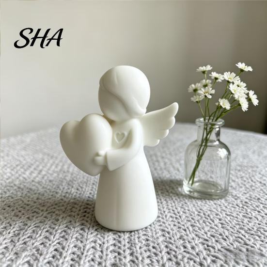 Love Heart Angel Decor Mini Figurine, 3D Printed White Statue, Modern Desktop Ornament Decoration for Mother's Day, Valentine's Christmas Gift