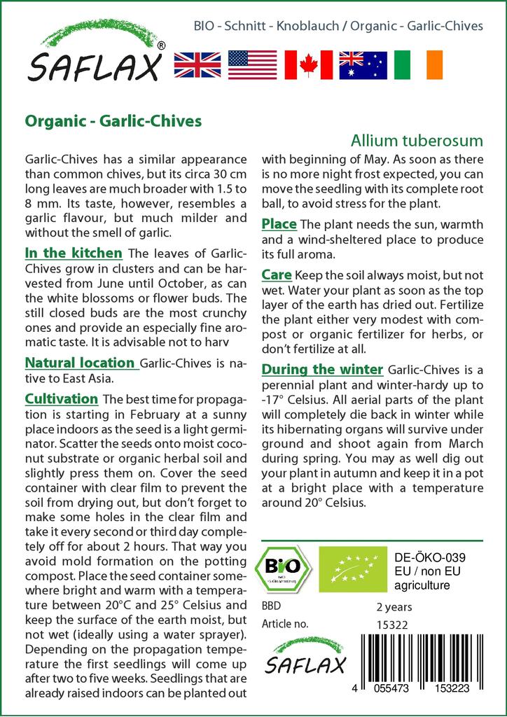SAFLAX Garden in the Bag - Органический - Чеснок-Шнитт-лук - 100 семян - С субстратом в подходящем пакете - Allium Tuberosum