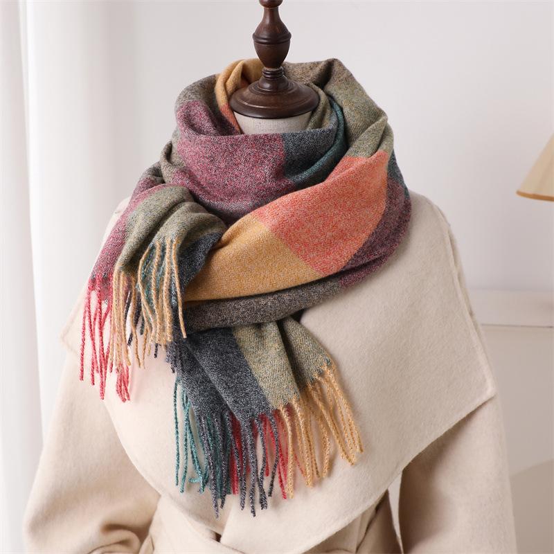 Colorful Checkered Autumn Winter Thicken Warm Scarf For Women Fashion Versatile Commuting Tassel Cashmere Scarves Pashmina
