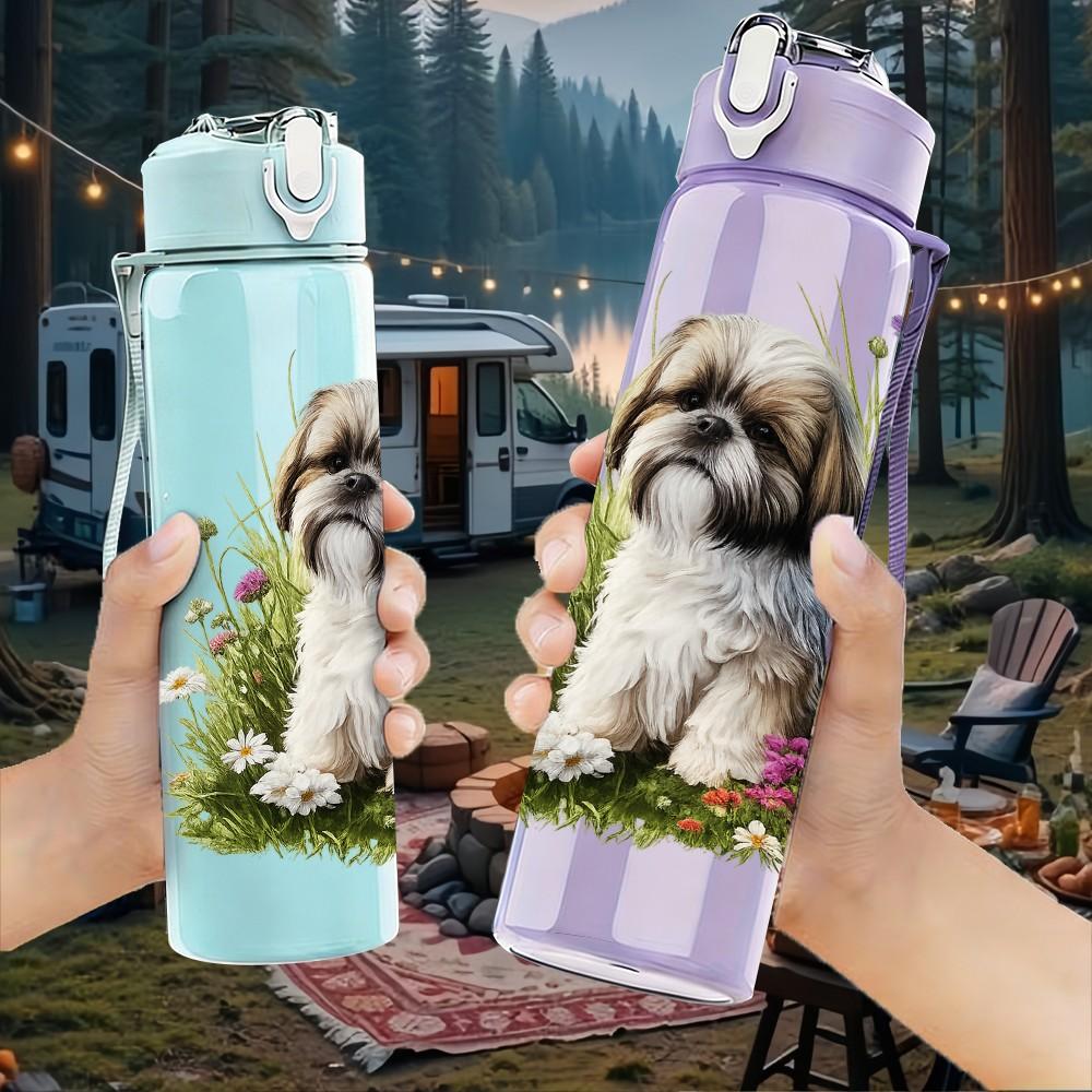 1PC Fluffy Puppy Dog Floral Surround Print 750ml Color Plastic Sports Water Bottle Leakproof Flip Straw Lid Suitable for Sports Office Home Use