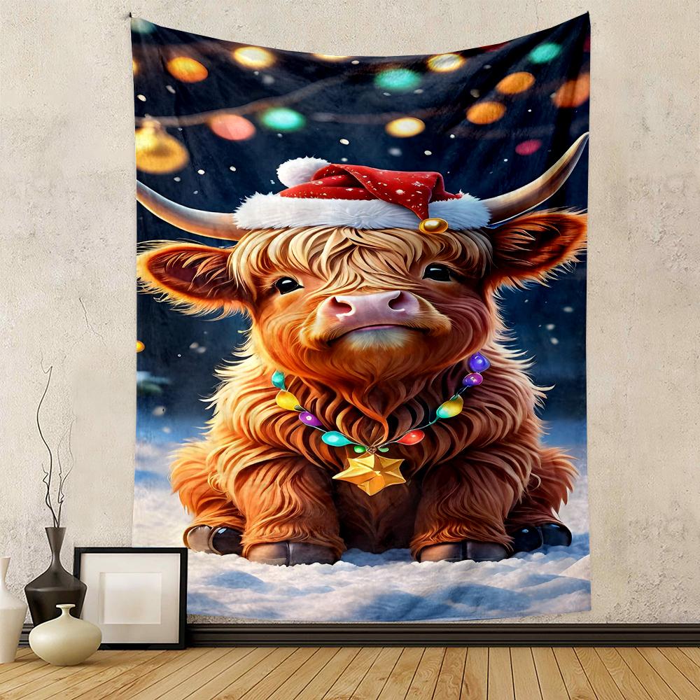 Cute Highland Cow with Santa Hat Patterned - Patterned tapestry for bedroom and living room home decor.