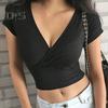 Женская футболка с глубоким V-образным вырезом и коротким рукавом, футболка с открытым пупком, облегающие однотонные топы, легкие эластичные укороченные топы