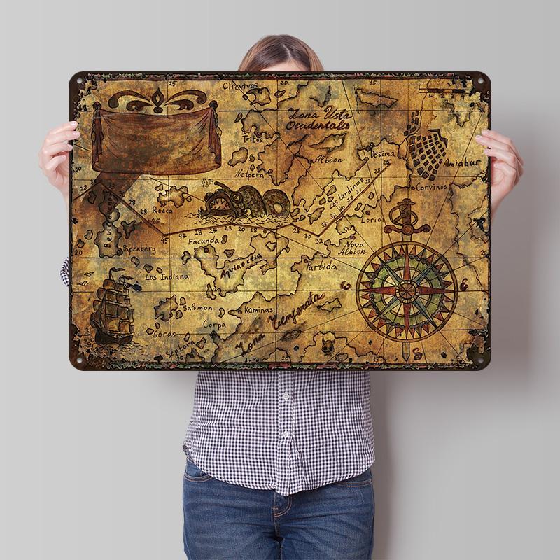 Vintage Map of the World Printed Poster Customized Retro Wall Art Vintage Metal Tin Signs for Home Bar Accessories Custom Plate