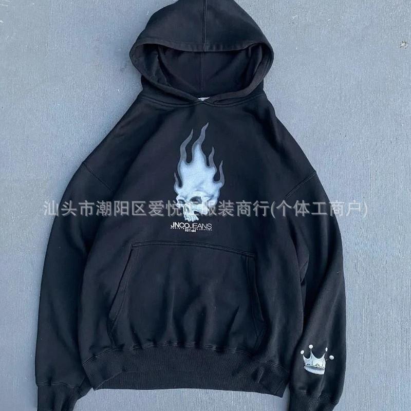 Mens Hooded Sweatshirt With Skull Flame Crown Print Loose Fit Streetwear Long Sleeve Casual Pullover