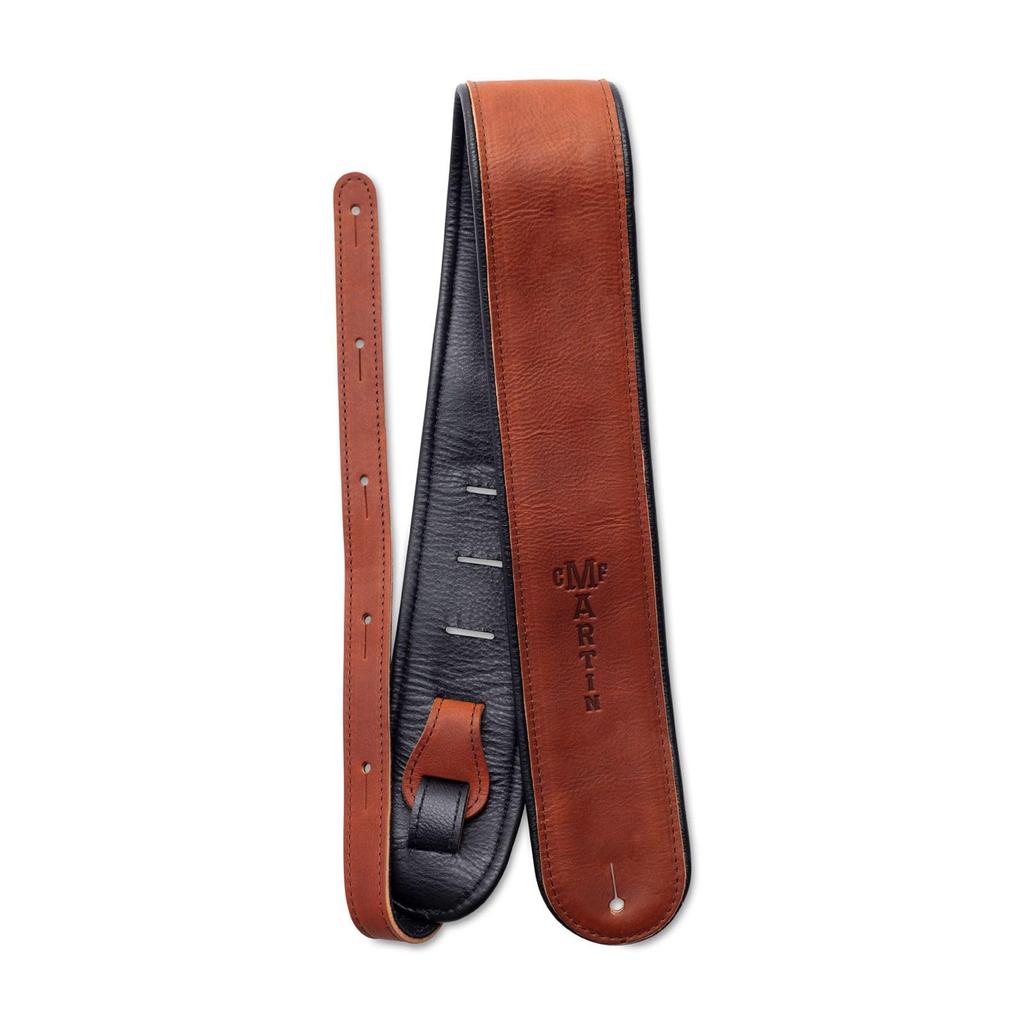 martin Rolled Leather Guitar Strap Brown Premium Leather Rolled Edges Embossed Logo – (18A0028) 100% &