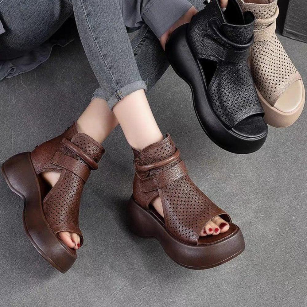 Summer New Hollow Breathable Hole Women Shoes Thick Sole Fish Mouth Hook and Loop Retro Comfortable Women Sandals