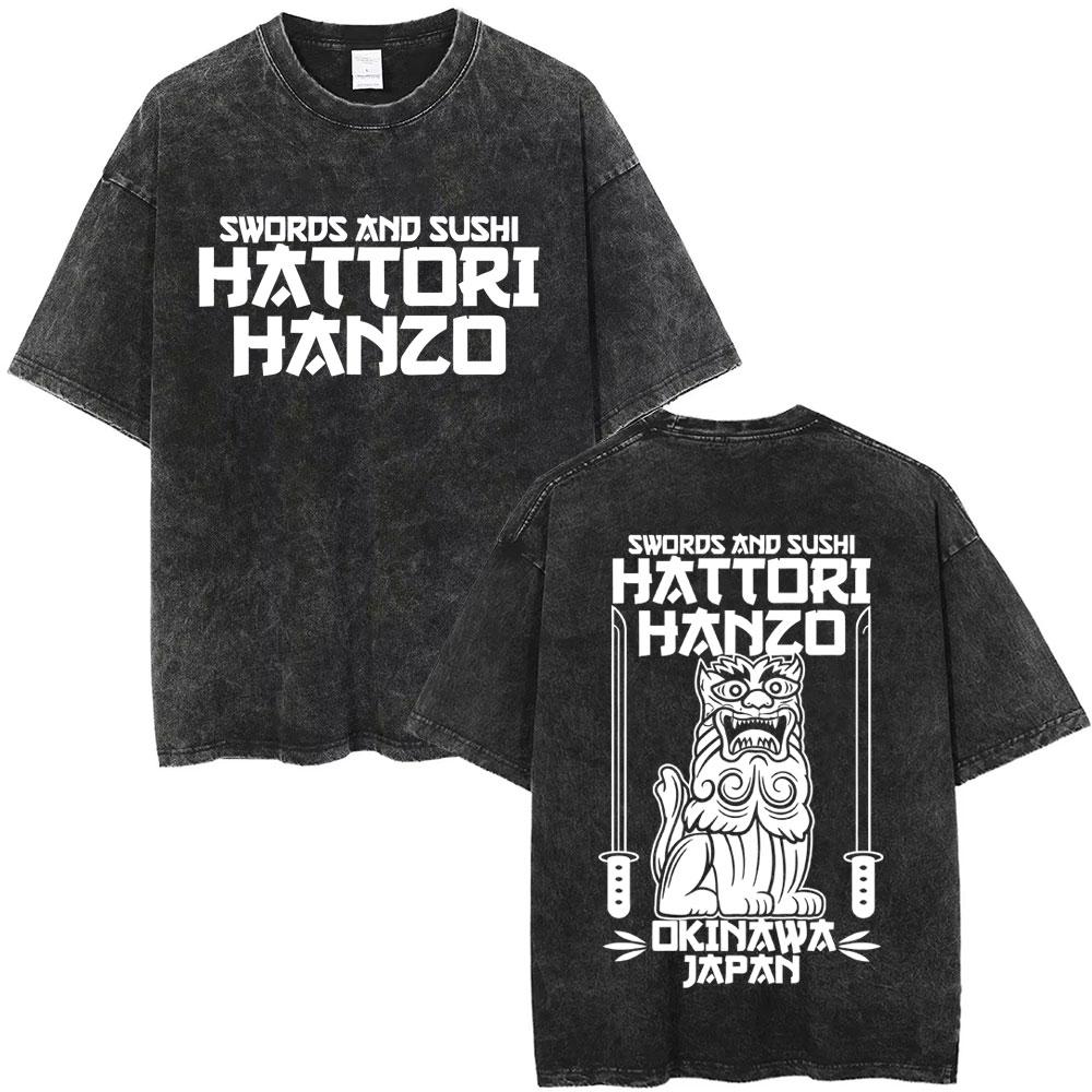 Hattori Hanzo RED Swords and Sushi Kill Bill Okinawa Japan Tarantino Vintage Washed T Shirts Men Women Casual Retro Streetwear