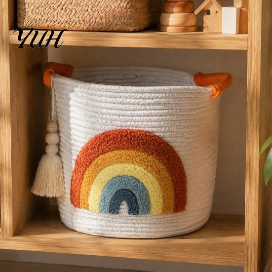 Foldable Sundries Holder Large Cotton Woven Storage Basket, Cartoon Embroidery Toy Organizer Bin, Soft Fabric Container Capacity with Reinforced