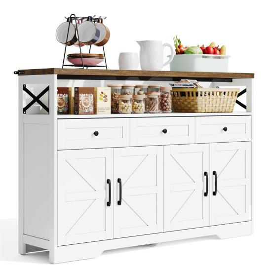 Coffee Bar Buffet Sideboard 140cm with Storage Space 3 Drawers Country Style Console Kitchen Cabinet Doors Cupboards Shelves Suitable for Kitchen