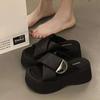 Small Muffin Thick-bottomed Crossed Slippers for Women's Outerwear 2025 Summer New Heightening One-word Holiday Beach Sandals