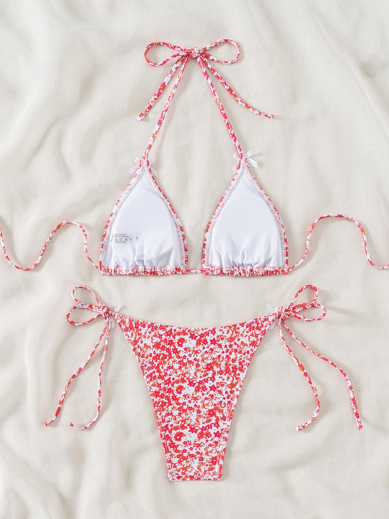 Женский купальник с цветочным бантом, сексуальная треугольная сумка, завязка сбоку, бикини с низкой талией, пляжная одежда, купальные костюмы