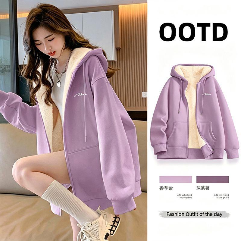 Women's Lambswool Sweatshirt Jacket, Spring/Fall Loose-Fit Long-Sleeve Top, Casual Hooded Cardigan