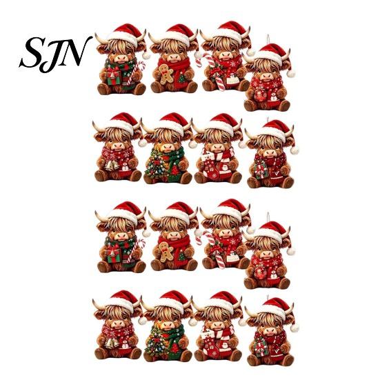 Cute Highland Cow Gift Items Christmas Ornament Set, 2D Flat Wooden Farm Animal Holiday Decor Hanging with String, Tree Party Decoration Decorative