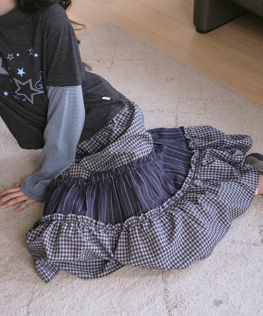 The Green Lab Vintage Tiered Check Skirt [Navy]