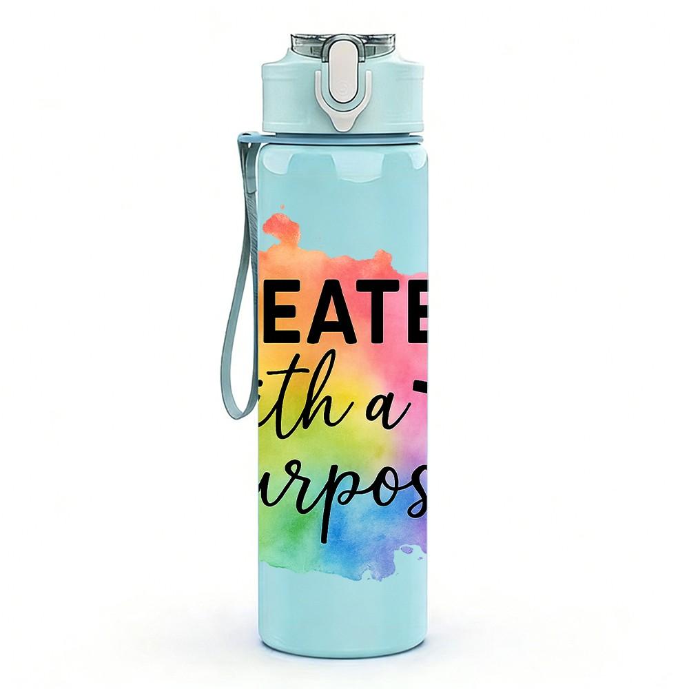 1PC Created With Purpose Cross Quote Pattern 750ml Color Plastic Sports Water Bottle Leakproof Flip Straw Lid Suitable for Sports Office Home Use