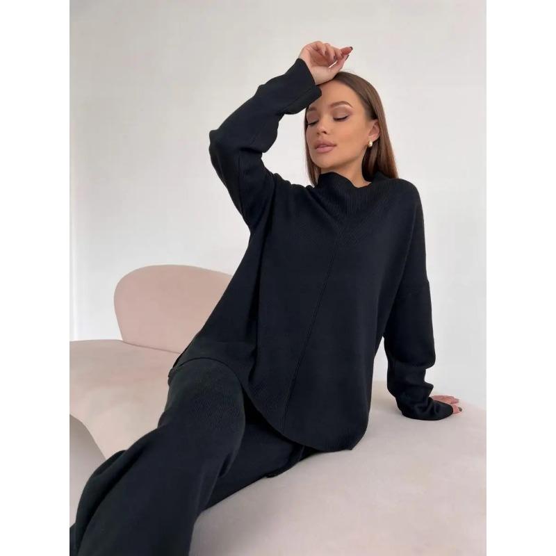 Женский комплект свитера с длинным рукавом и свободными повседневными брюками на осень и зиму