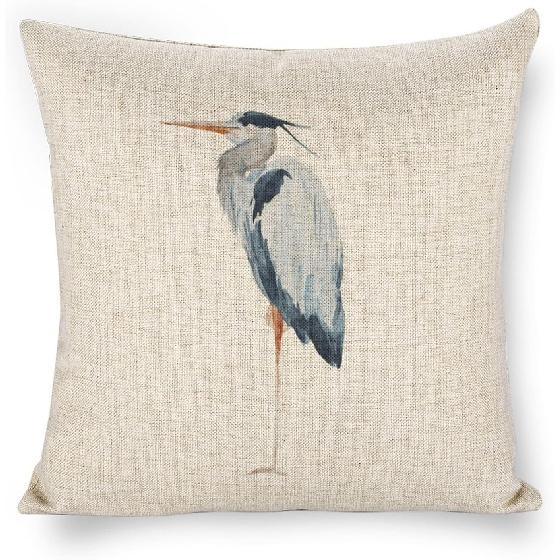 Linen Throw Pillow Covers Blue Egret on Coastal 18x18 Decorative Pillows for Bed Couch Cushion Sofa Outdoor