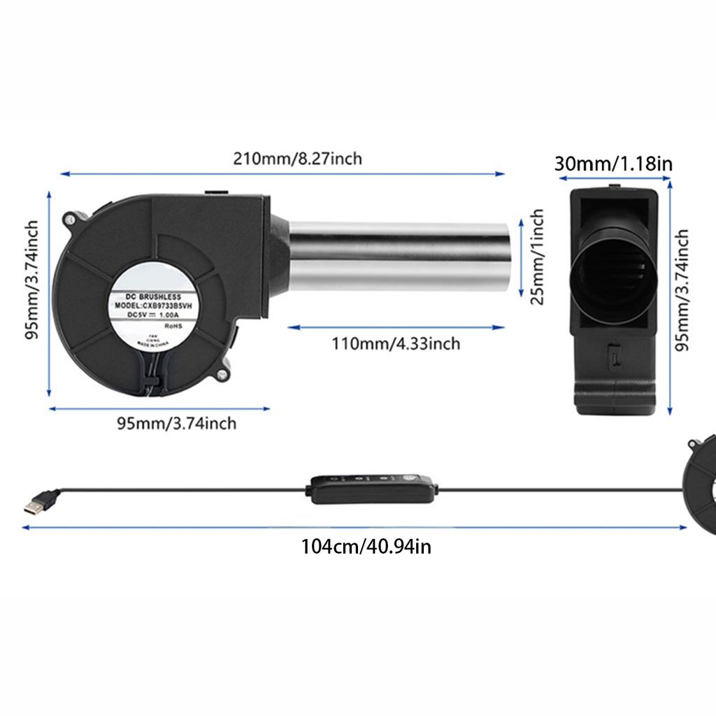 USB-вентилятор 5 В с тремя настройками скорости для кемпинга на открытом воздухе, печи для барбекю и костров, эффективное усиление пламени