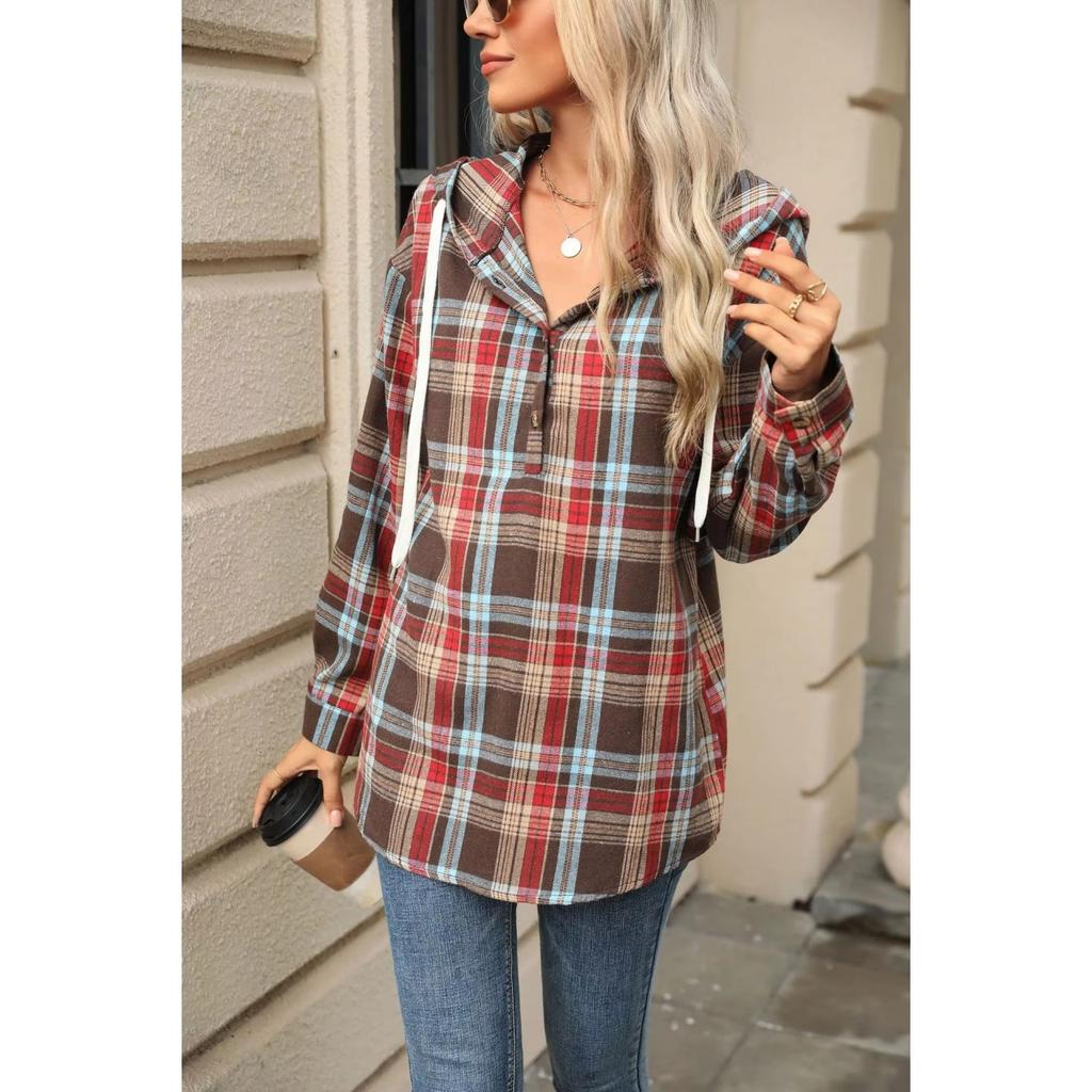 Women Loose Long Sleeve Hooded Button Plaid Pullover Sweatshirt