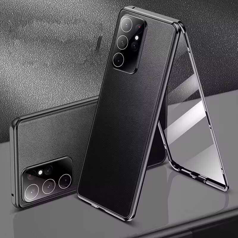 Чехол для Samsung Galaxy S24 S23 S22 Ultra, Алюминиевый бампер со стеклянными боковыми панелями и кожаной задней панелью, Защитные бамперы для телефона