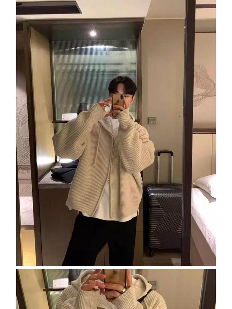 Мужской модный универсальный кардиган-свитер с капюшоном на осень/зиму однотонный