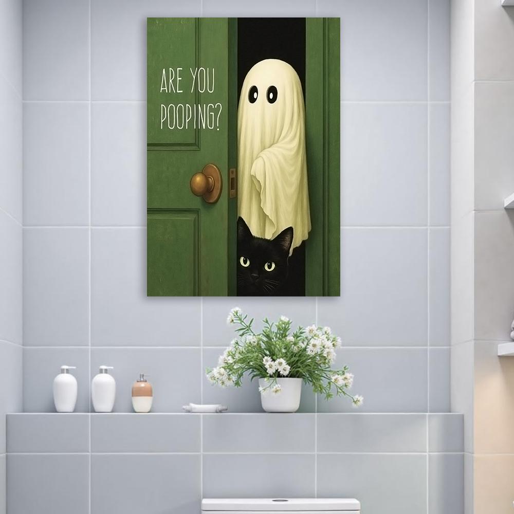 Funny Ghost Bathroom Wall Art Poster Ghost Cat Cute Ghost Bathroom Wall Decor Funny Vintage Bathroom Canvas Painting