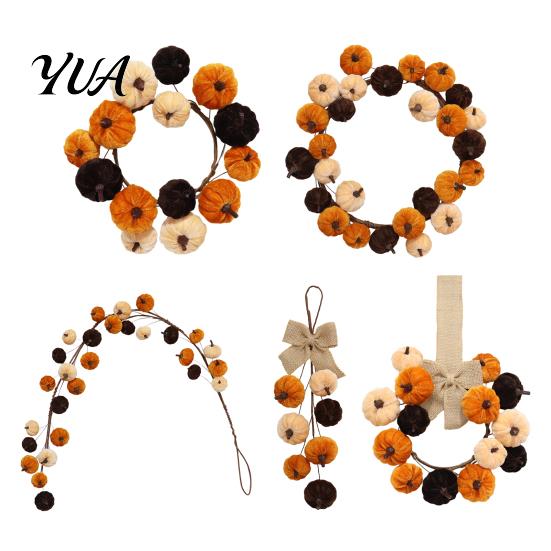 Farmhouse Harvest Door Decor Thanksgiving Pumpkin Wreath, Artificial Velvet Ornament, Fall Hanging Teardrop Decorative Wreath for Wedding Swag