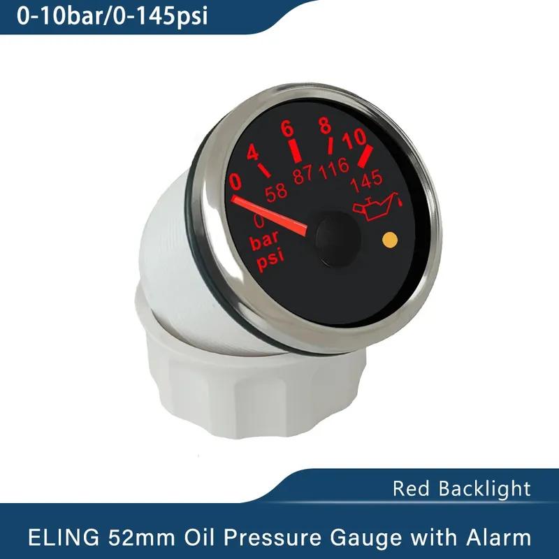 ELING Marine 12V 24V 52mm Oil Pressure Gauge Meter 0-5Bar 0-10Bar with Red Backlight and Light Alarm for Van Ships Motorcycle