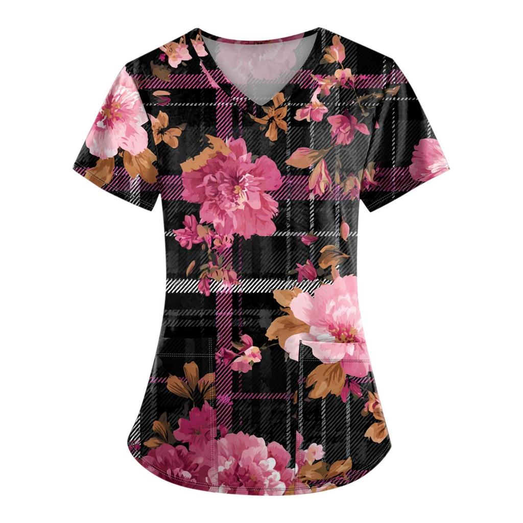 Women's Fashion V-Neck Short Sleeve Overalls With Pockets Printed Tops  Clothes