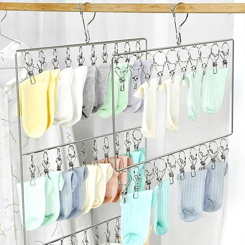 Stainless Steel Foldable Clothes Hanger Laundry Drying Rack With 20/30 Clips Save Space Closet Organizer For Socks Bras Towel