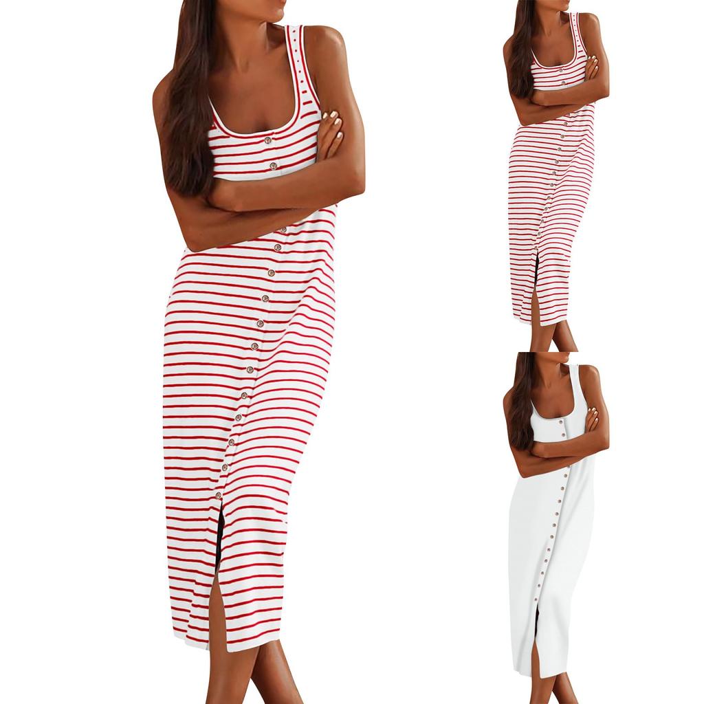 Women Casual Sleeveless Striped Tank Midi Dresses Fashion U Neck Summer Dress