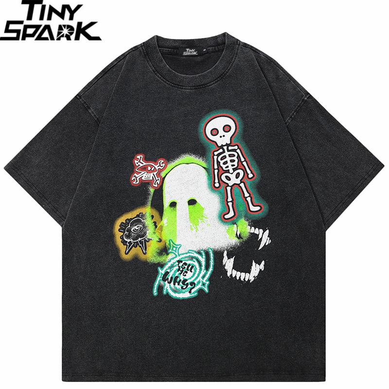 HipHop Men Washed Black TShirt Streetwear Funny Skeleton Devil Wings Graphic T Shirt Cotton Hipster Tshirt Tops Tee Unisex