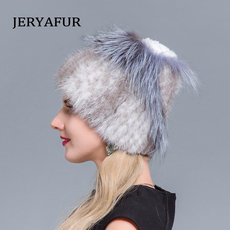 JERYAFUR Внутренние вязаные шапки, теплые новые модные зимние шапки для женщин, шапка из натурального норкового меха, женская лоскутная шапка из лисьего меха разных цветов