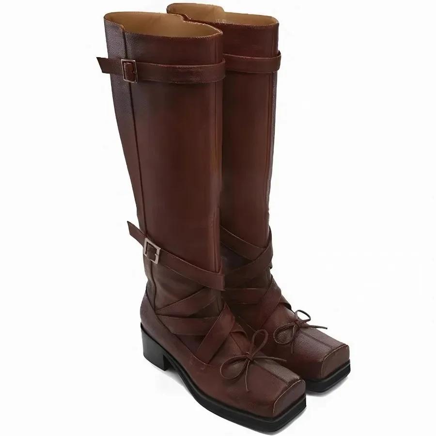 Сапоги до икры с квадратным носком на каблуке, балетки, сапоги-ботфорты до колена, женские сапоги в рыцарском стиле, кожаная версия, модные сапоги, резиновая подошва