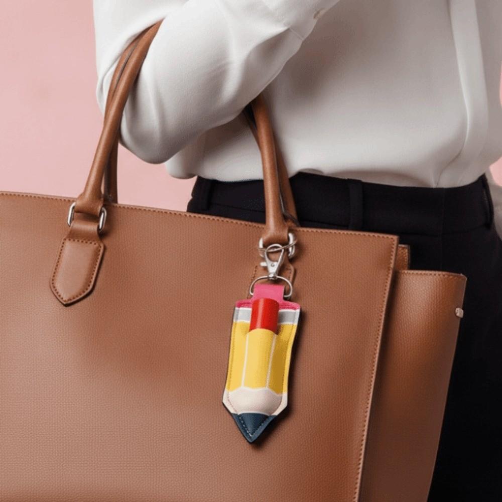 Pencil Shape Chapstick Key Chain Pouch PU Leather Pencil Shape Key Ring Birthday Gifts