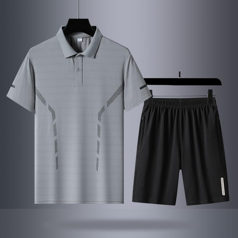 Летний спортивный комплект из ледяного шелка, мужской, с коротким рукавом, для среднего возраста, для отдыха, комплект из двух предметов
