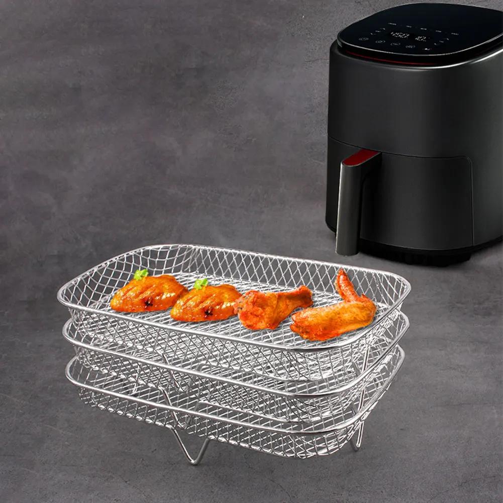 3 Layers Air Fryer Rack Stackable Grilling Rack Stainless Steel Mesh Grill Basket Steamer Cooker Kitchen Gadgets Cooking Tools
