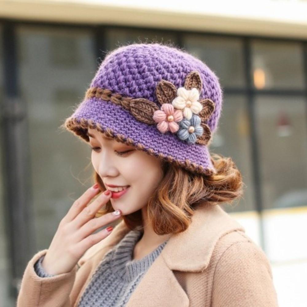 Warm Knitted Bucket Hat Windproof Floral Crochet Hat Vintage Yarn Cloche Hat Winter