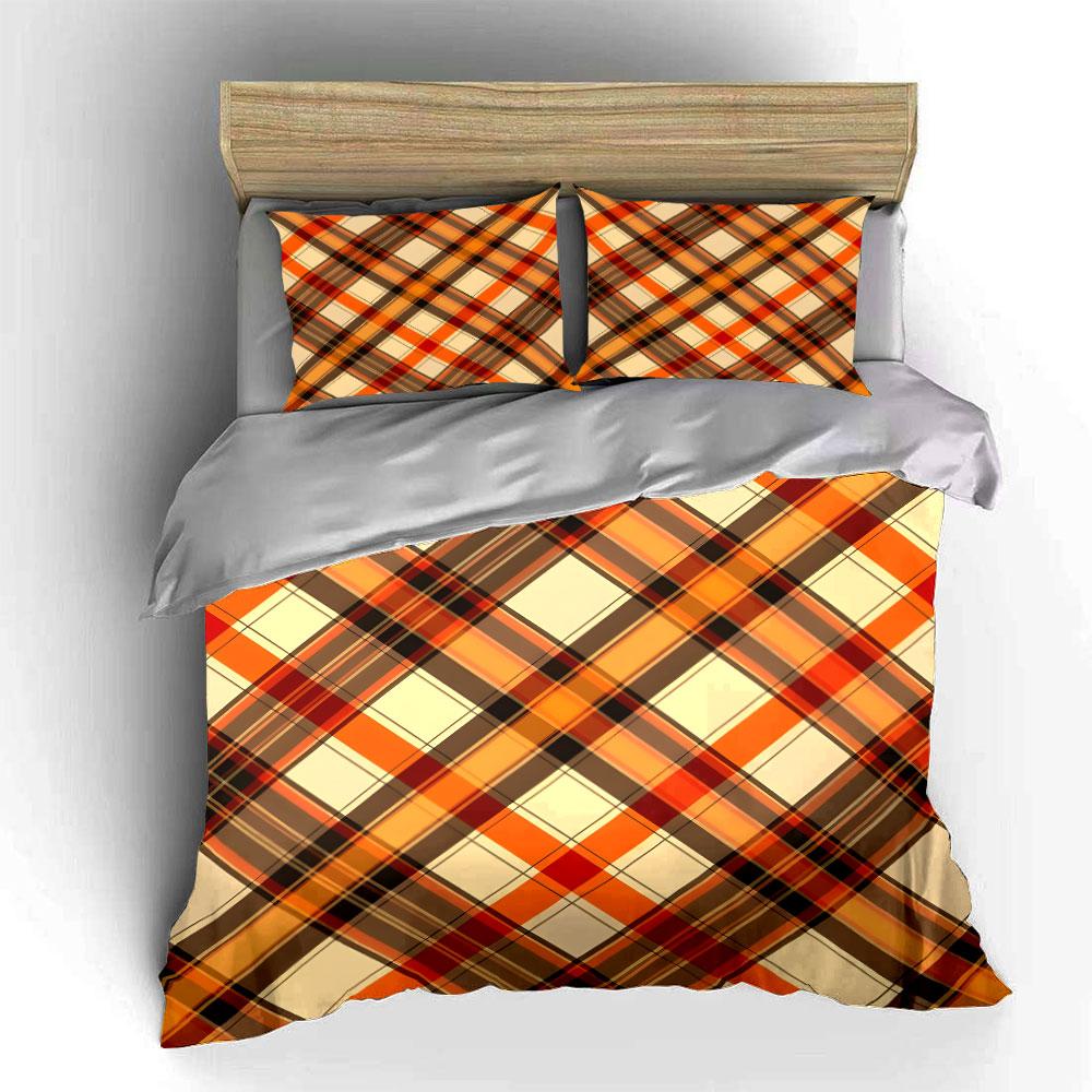 3Pcs Autumn Plaid Bedding Set, Warm Orange and Brown Tartan Print Duvet Cover + 2 Pillowcases, Fall Season Decor