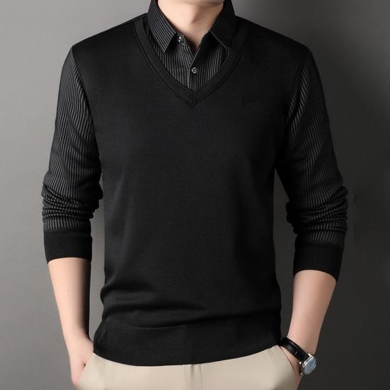 Мужской свитер, имитация двухсекционной рубашки и свитера, формальный деловой стиль, отложной воротник, длинные рукава, полосатый офисный топ на осень и весну