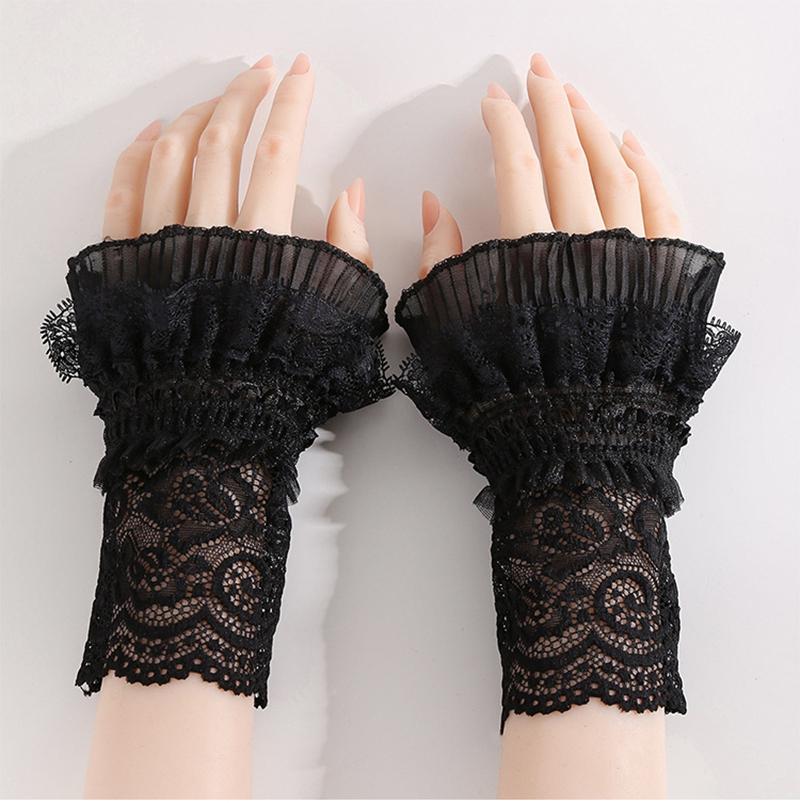 Girls Elastic Fingerless Arm Warm Gloves Double-layer Floral Lace Knitted Fake Sleeves Lolita Cuffs Decorative Accessory