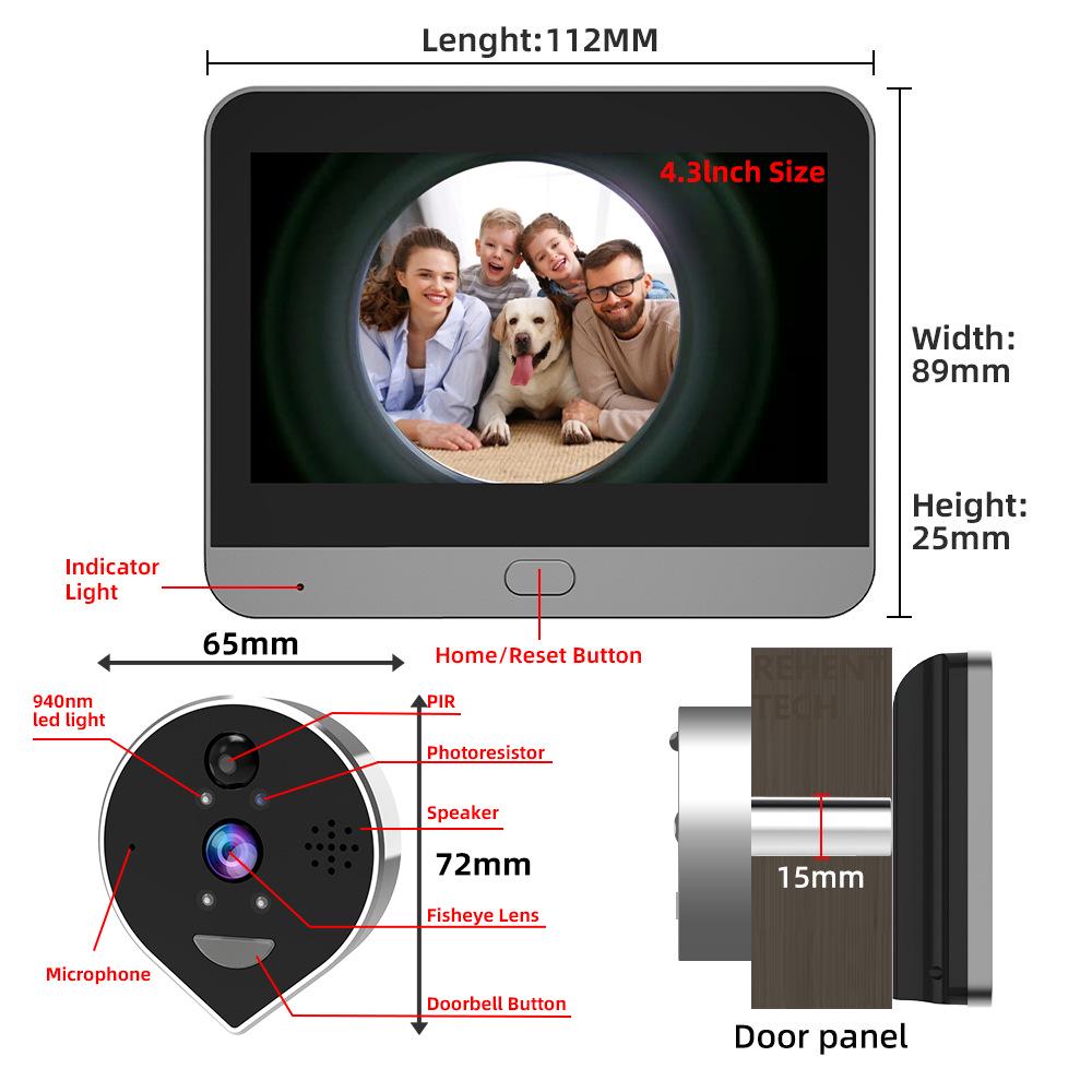 Умный электронный дверной глазок Tuya 1080P с панорамным объективом «рыбий глаз» 360°