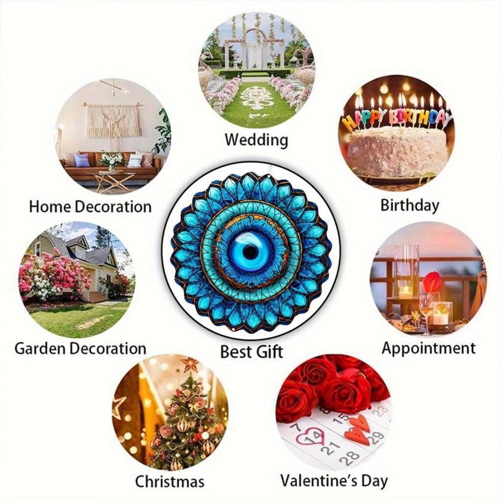 Кинетический металлический спиннер «Злой глаз» - Сложный дизайн из синего и бирюзового витражного стекла - Универсальное искусство для сада, патио, для помещения/улицы