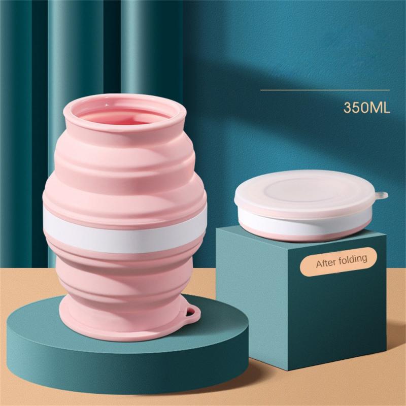 Portable Silicone Cup Foldable Travel Mug Heat Resistant Collapsible Water Cups with Lid Chain for Outdoor Activity Camping Drinking